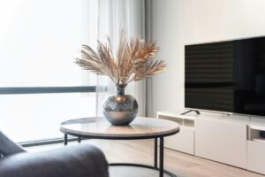 Inviting vacation rental apartment with fully furnished, contemporary interiors. Styled for short-term rental platforms like Airbnb, ideal for property listings, travel blogs, or hospitali...